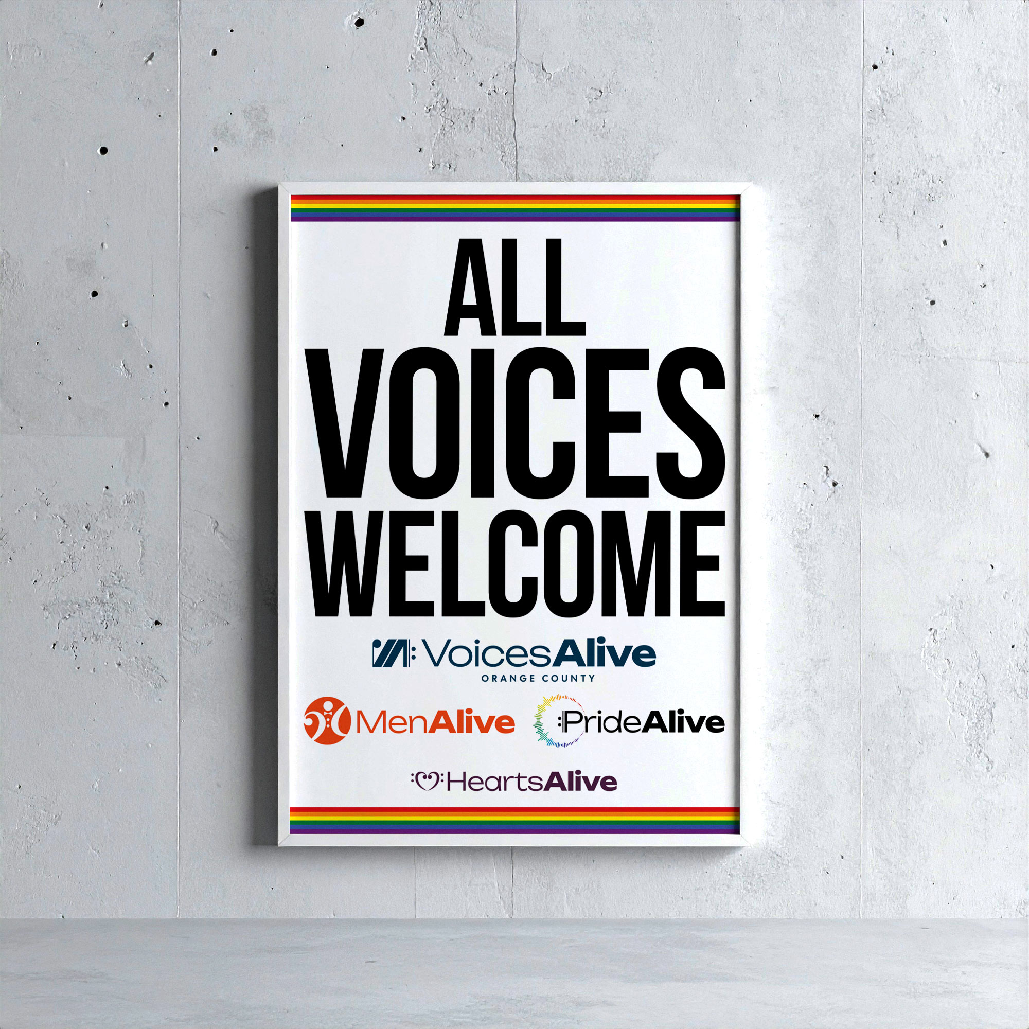 Poster reading 'All Voices Welcome' with rainbow stripes and the VoicesAlive, MenAlive, PrideAlive, and HeartsAlive logos.